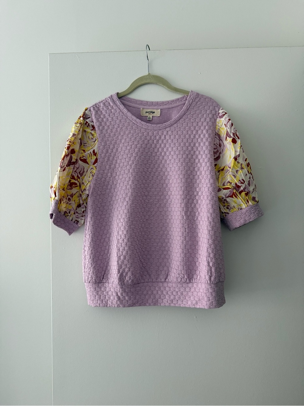 Porridge Lavender Textured Sweatshirt with Floral Short Sleeves